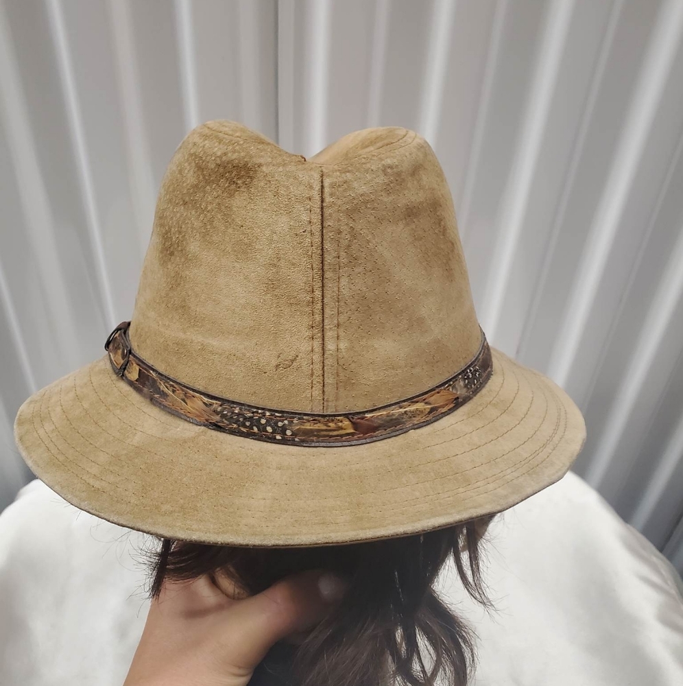 Vintage 70s Suede Fedora Hat Leather Band Tan Brown Structured Union M - Picture 4 of 7